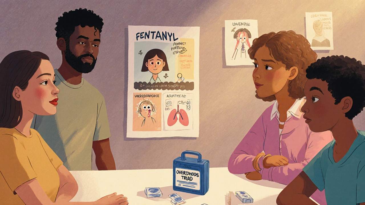 A group learns about overdose prevention with test strips and naloxone at a community table.