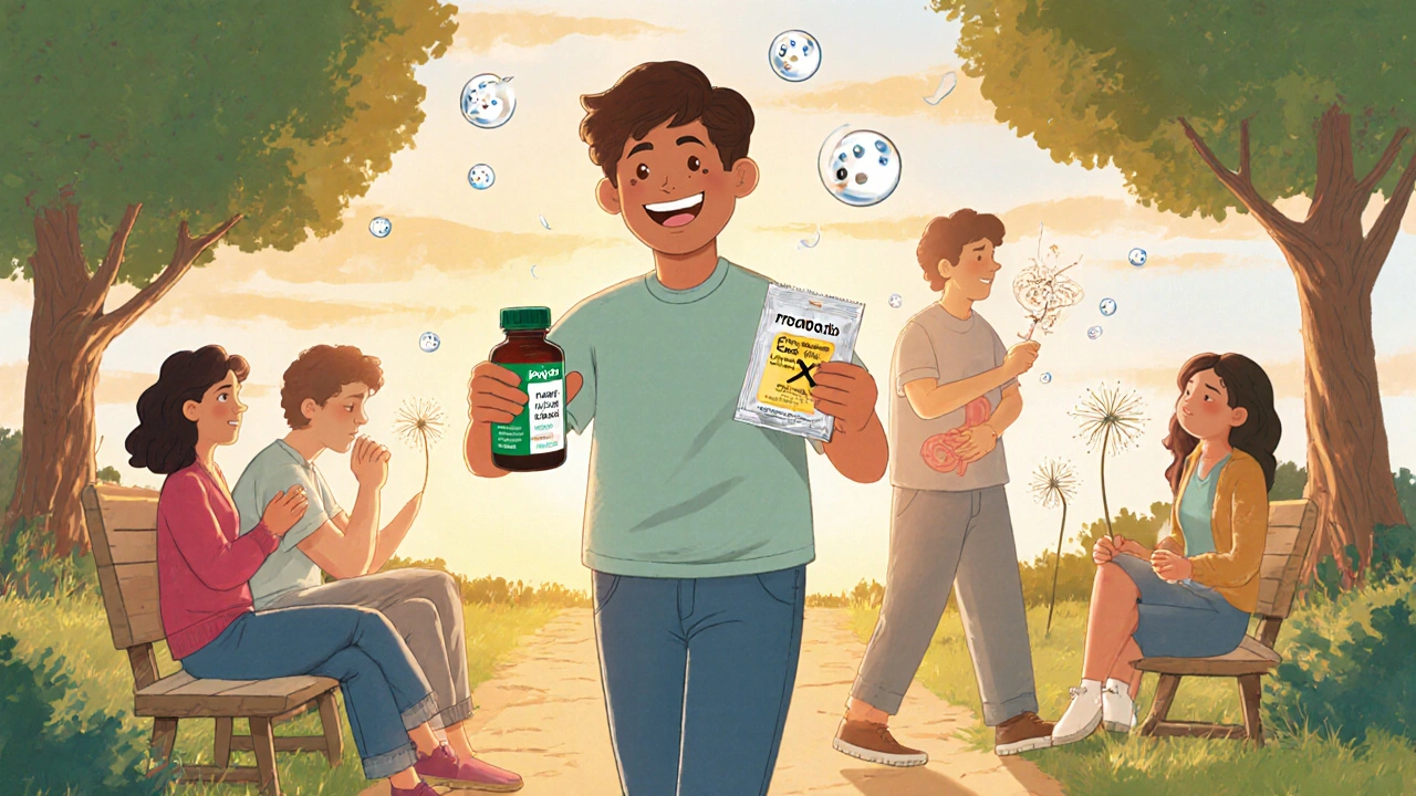 A person walking happily in the park with probiotics and gas relief meds, leaving behind cartoon gas bubbles in storybook style.