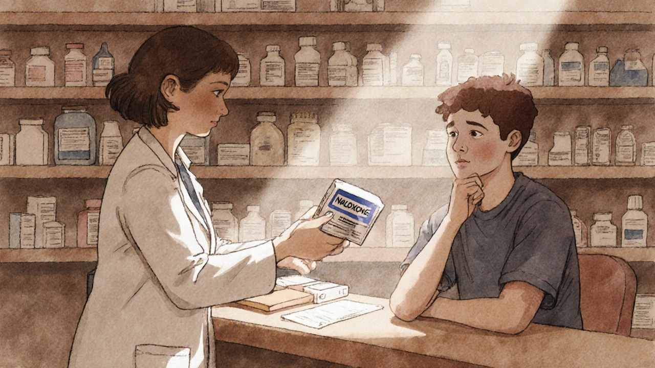A pharmacist hands a naloxone kit to a customer at a pharmacy counter.