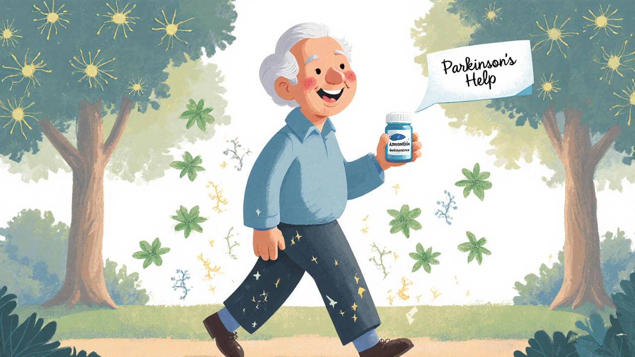 An elderly person walking happily in a park with sparkling dopamine particles around them.