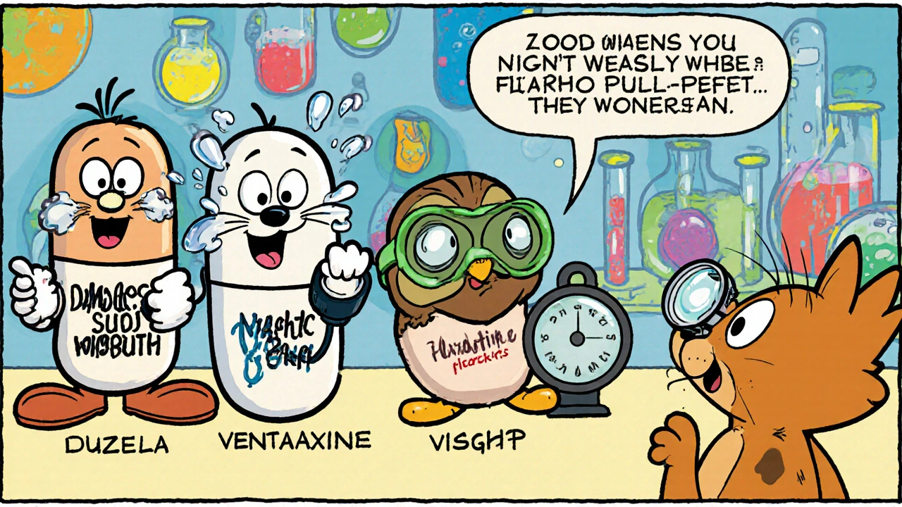 Animated medication characters showing side effects like blood pressure cuff, sweat, and wave, in a colorful lab setting.
