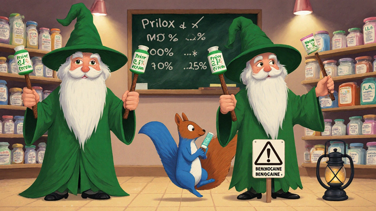 Anthropomorphic topical anesthetic products as characters in a pharmacy, with Prilox and EMLA as identical twins.