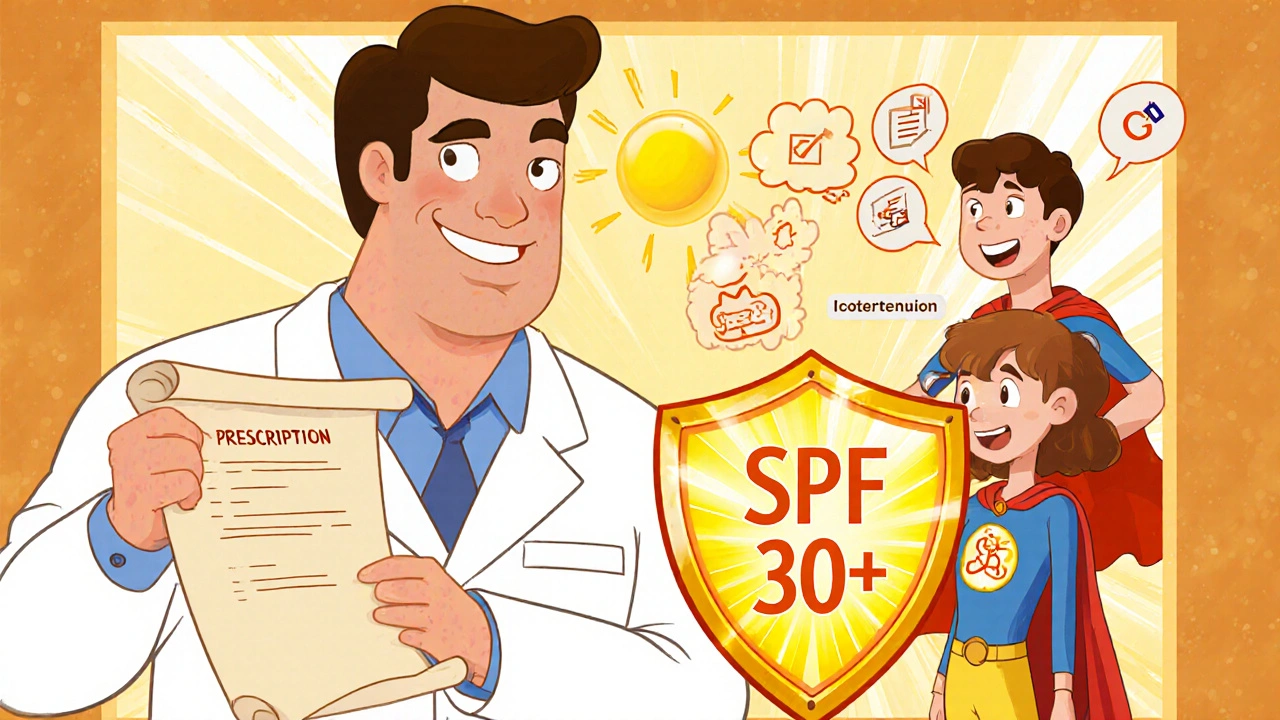 Cartoon dermatologist and heroic figure offering prescription and sunscreen to a teen.