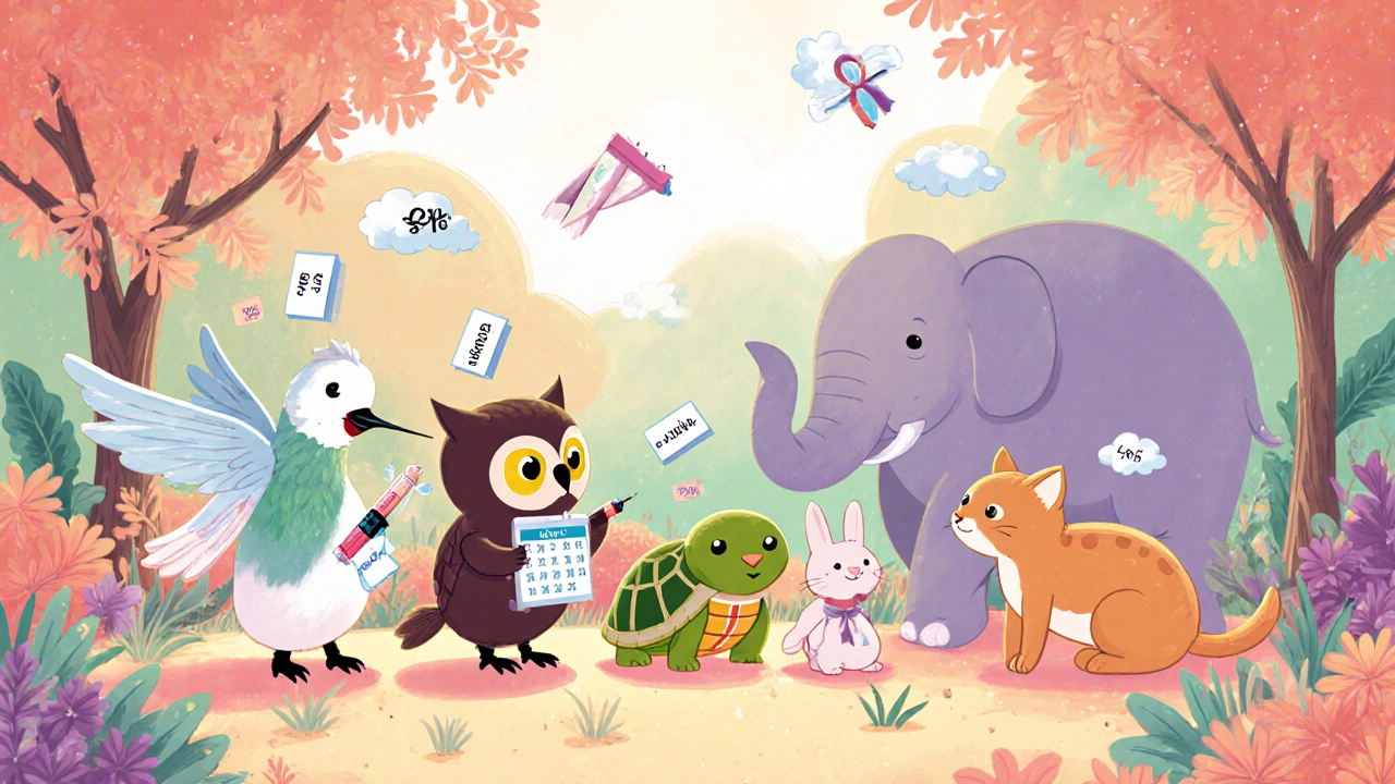 Cartoon drug characters in a garden, each showing dosing and cost icons.