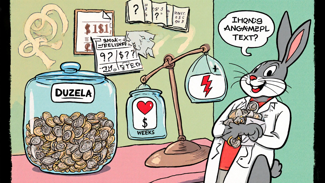 Cartoon rabbit at pharmacy weighing mood, pain relief, and cost symbols beside a coin jar and calendar.