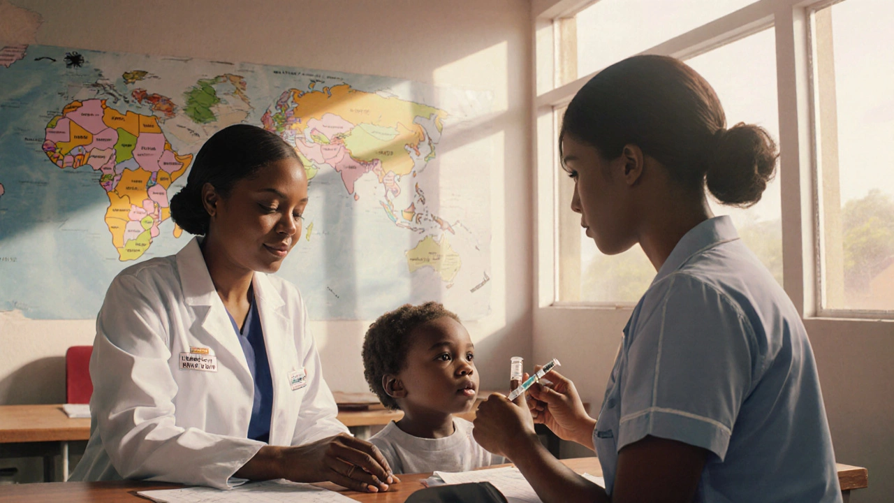 Clinic scene showing a doctor and child receiving a malaria vaccine, with a subtle map background.