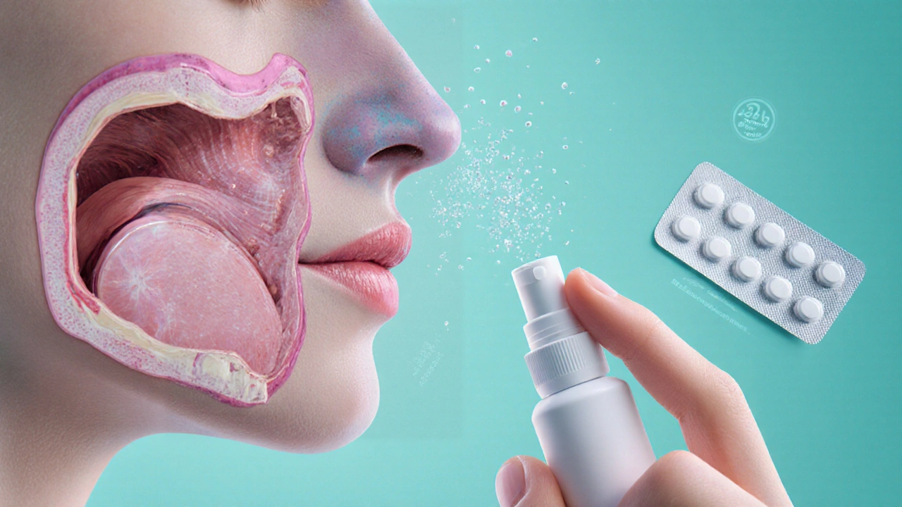 Close‑up of an intranasal spray delivering micro‑particles into a detailed nasal cavity illustration.