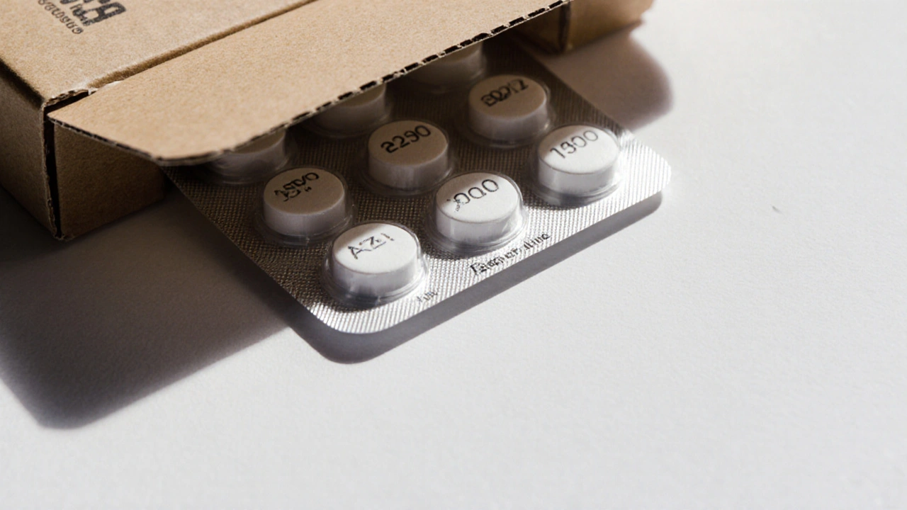 Close-up of opened parcel revealing azithromycin tablets with imprint.