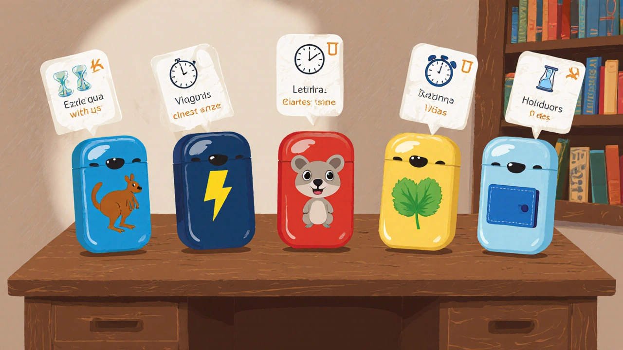 Colorful cartoon tablets representing Forzest, Cialis, Viagra, Levitra, Stendra, and generic tadalafil compare onset, duration, and cost.