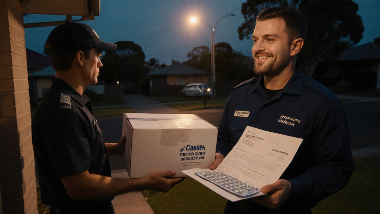 Delivery person handing a sealed box of generic acyclovir to a homeowner at a doorstep.
