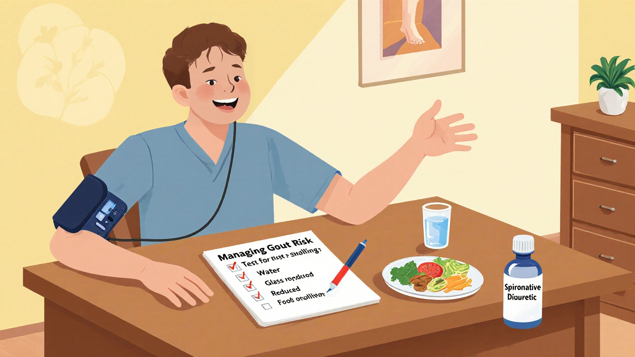 Doctor's office scene showing patient with BP cuff, happy foot, and checklist for gout management.