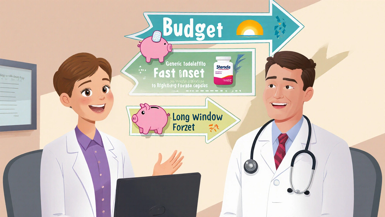Doctor and patient looking at three road‑sign pathways for budget, fast onset, and long duration ED pills.