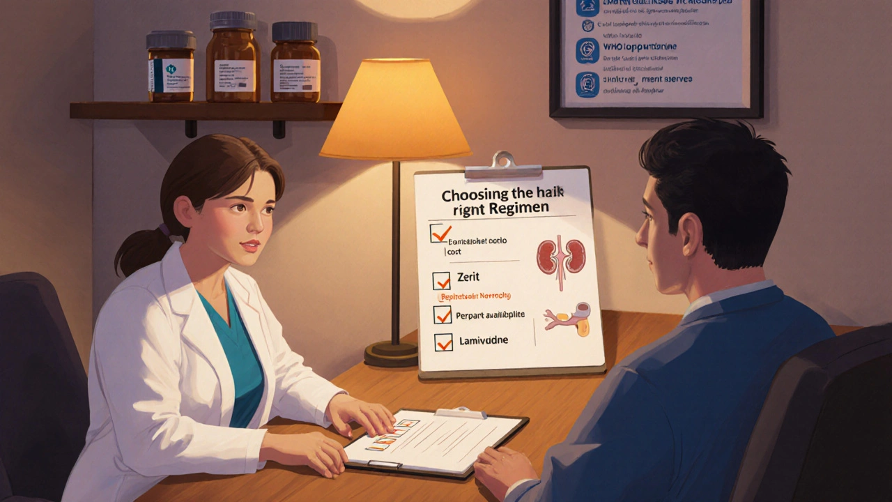 Doctor and patient reviewing a regimen checklist with icons for kidney, nerve, cost, and pills.