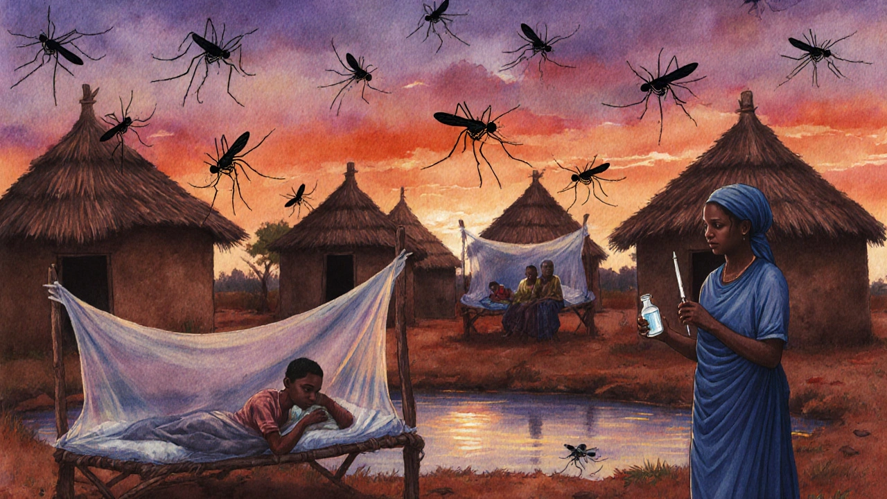 Evening village scene with people under bed nets and a mosquito near standing water.