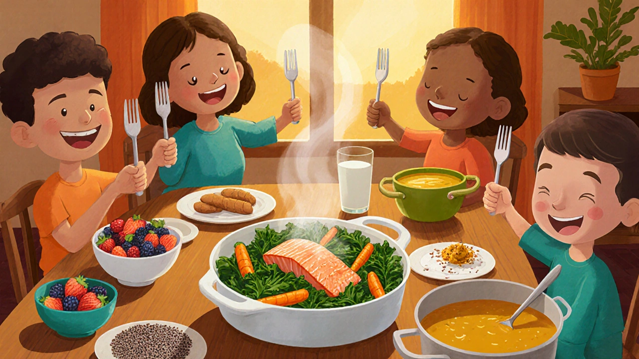 Family dinner with salmon, kale, carrots, berries, and turmeric soup.