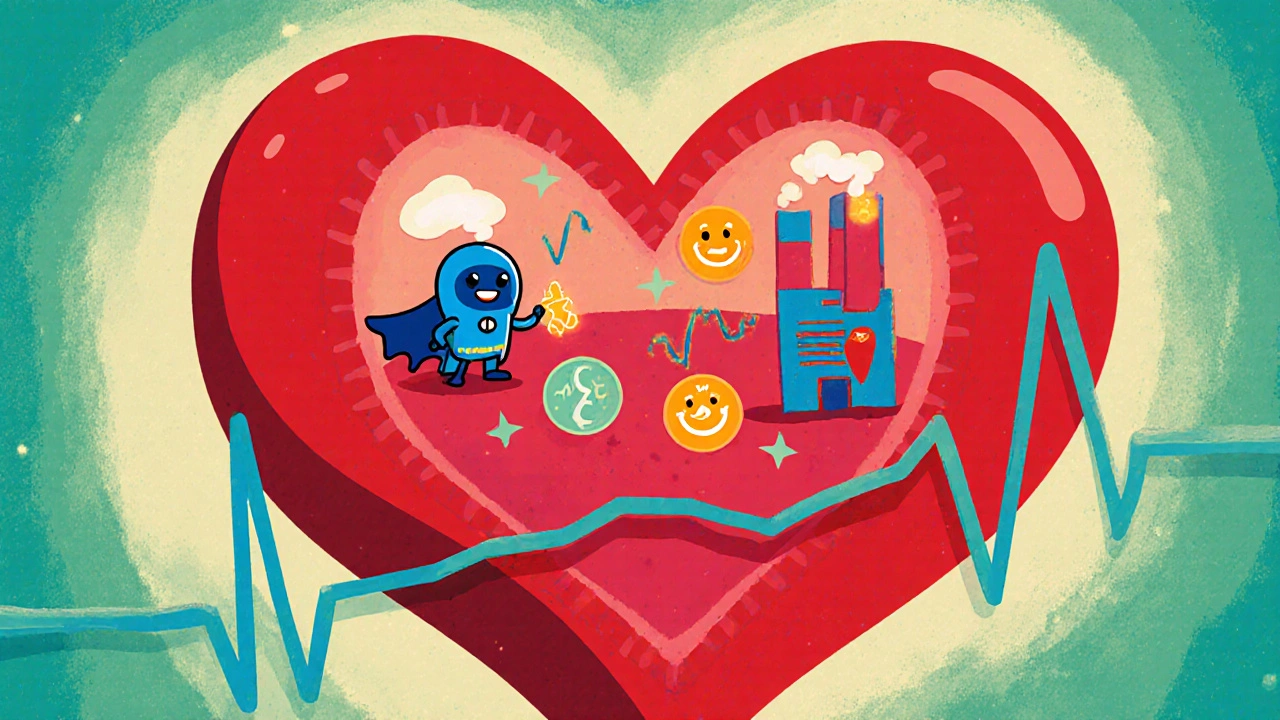 Heart cell with mitochondria showing trimetazidine guiding glucose over fatty acids.