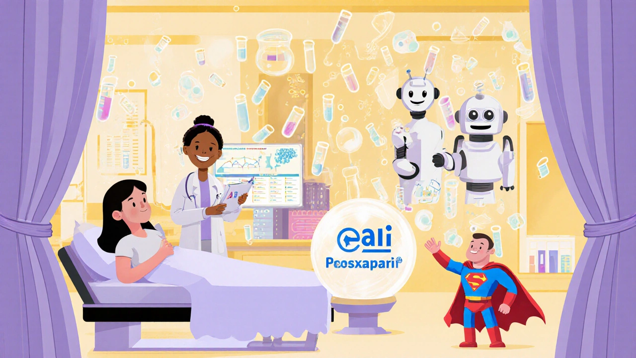 Hospital team reviewing lab results while AI crystal ball predicts drug interactions.