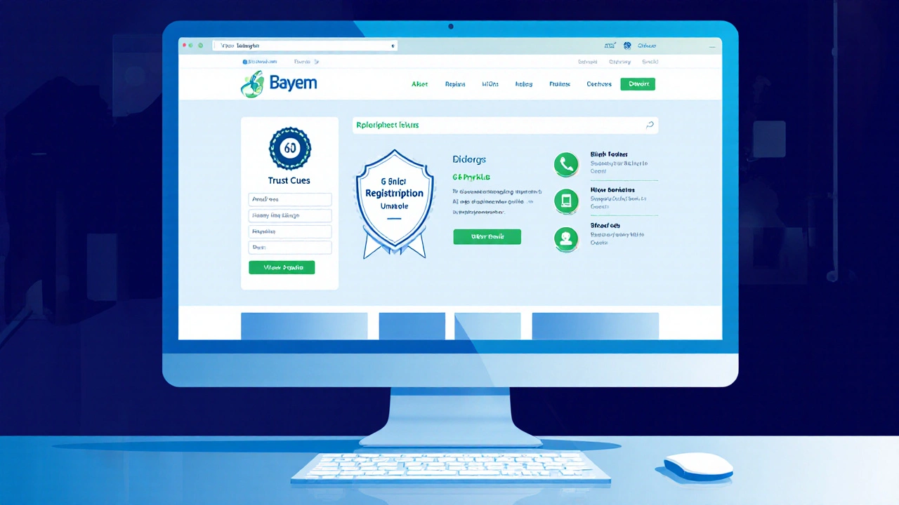 Illustrated online pharmacy page showing trust badges and contact icons.