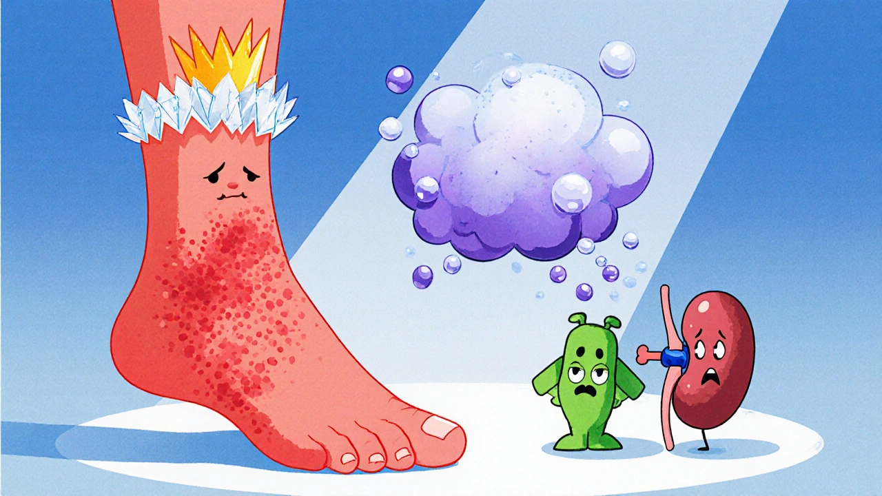 Inflamed big toe with crystal buildup and a kidney struggling with uric‑acid clouds.