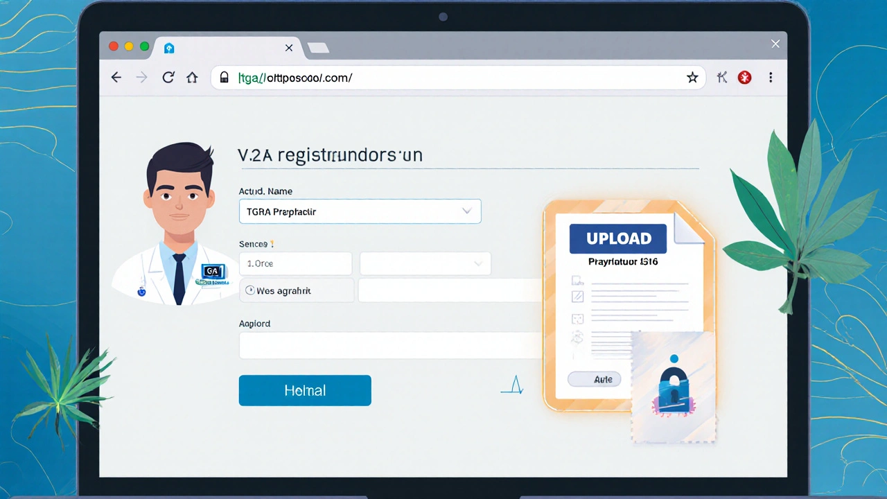 Laptop screen showing secure pharmacy site, padlock, and pharmacist verifying prescription.