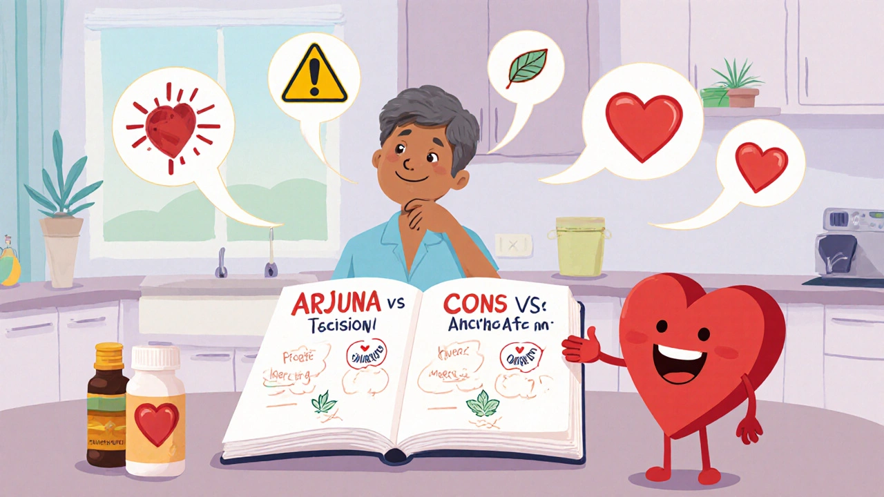 Person reviewing a heart‑health decision chart with floating pros and cons bubbles.
