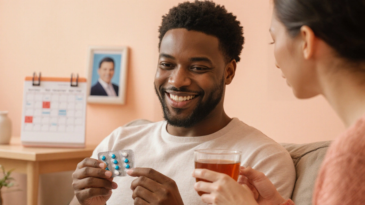 Person taking HIV medication at home with supportive friend.
