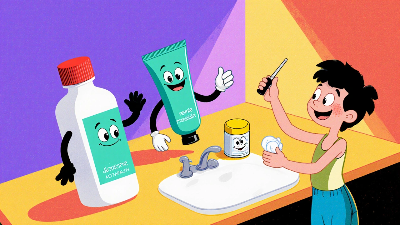 Playful cartoon bottles for acne treatment handing tools to a teen in a bright bathroom.