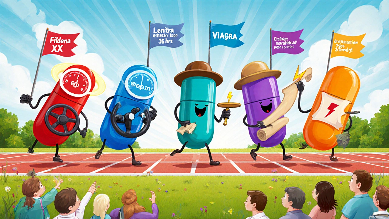 Playful race track with animated pill characters comparing speed, duration, and price.