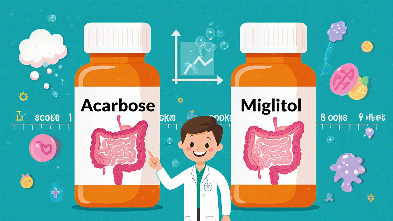 Side-by-side comparison of acarbose and miglitol with digestive tracts showing different gas levels, illustrated in storybook style.