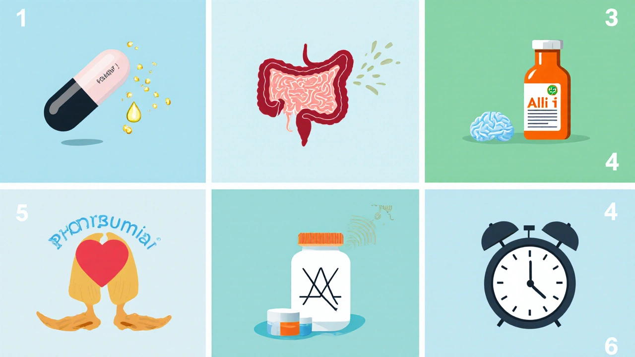 Six-panel illustration comparing Orlijohn, Wegovy, Alli, Contrave, Qsymia, and Phentermine.