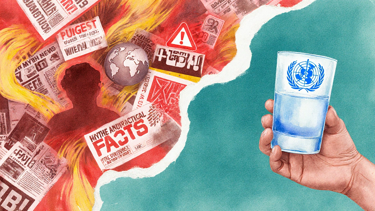 Split scene contrasting sensational media frenzy with calm public‑health advice on safe water.