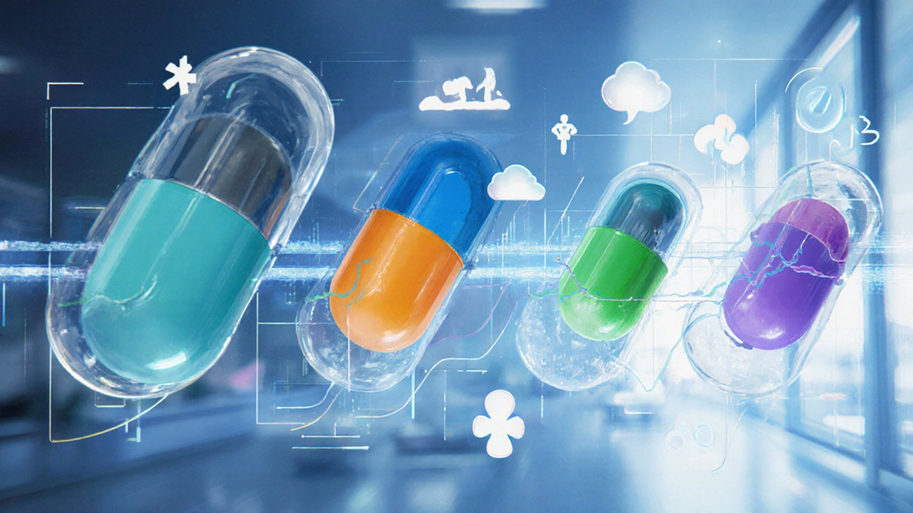 Split‑screen lab illustration comparing Zerit with TDF, AZT, 3TC, and EFV using pills and data graphs.