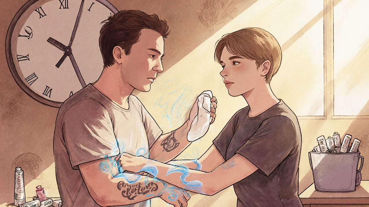 Tattoo artist removing Prilox Cream as client smiles, with numbing energy glowing beneath the skin.