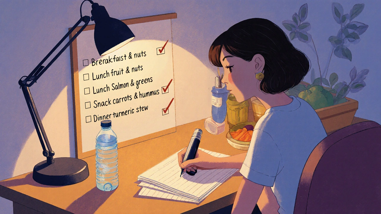 Teen logging meals next to water bottle and inhaler with checked checklist.