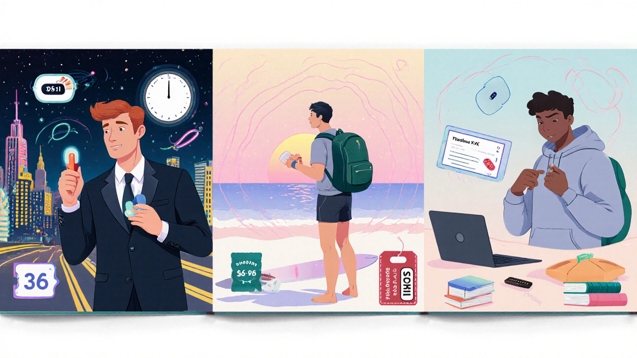 Three cartoon characters showing different lifestyles, each holding their preferred ED pill.