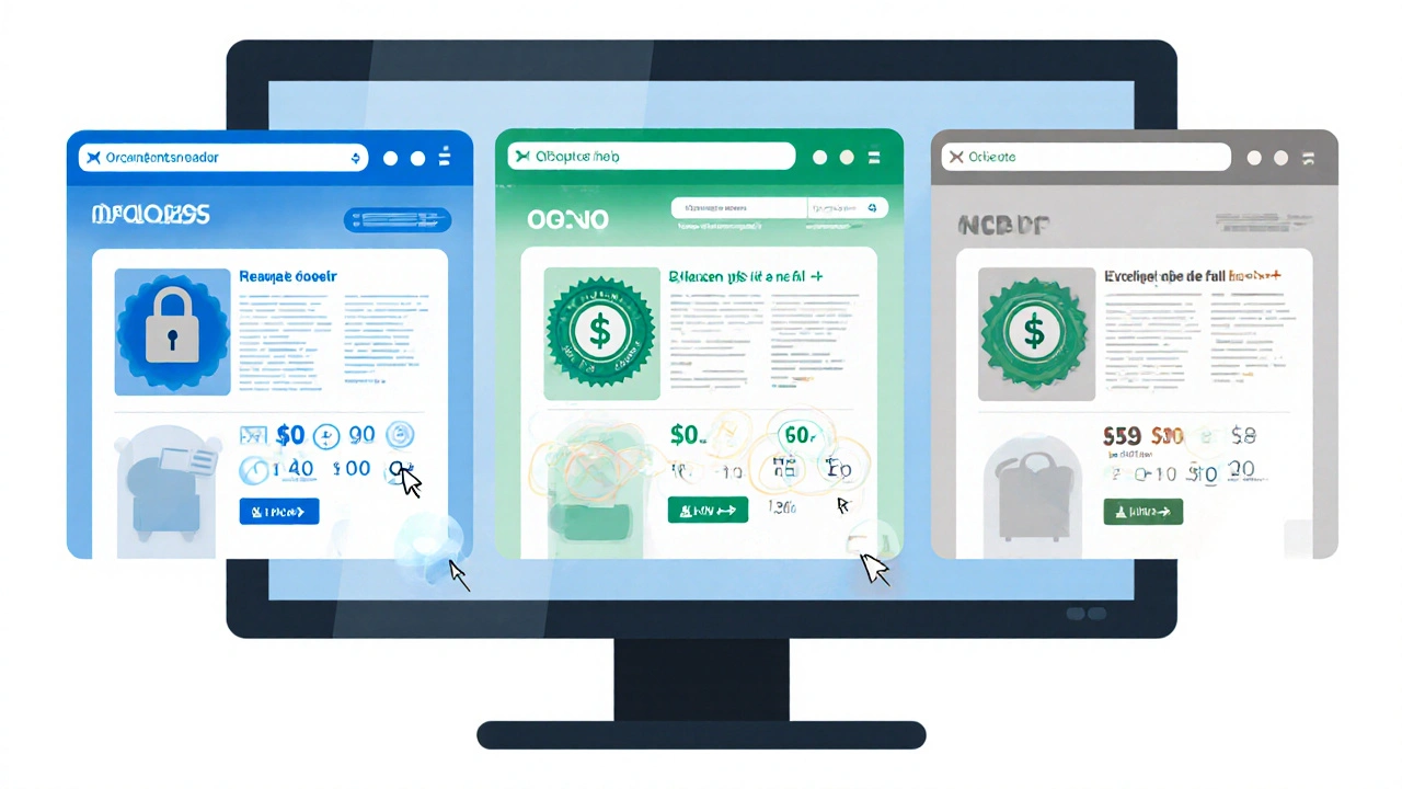 Three online pharmacy web pages shown side by side on a monitor.