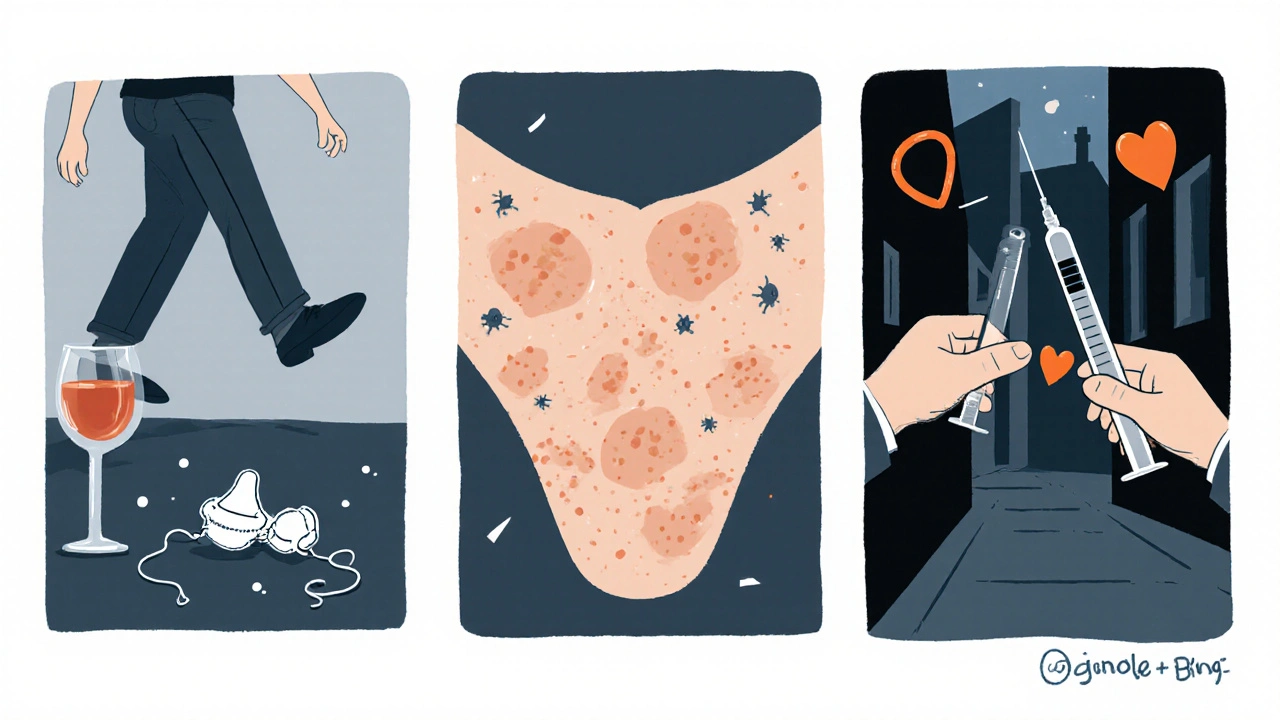 Three panels showing alcohol judgment loss, meth sores, and needle sharing.