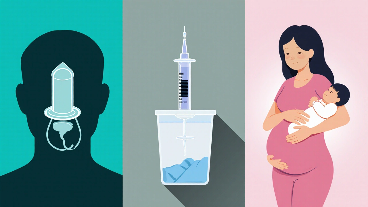 Three panels showing condom use, discarded syringe, and pregnant mother.
