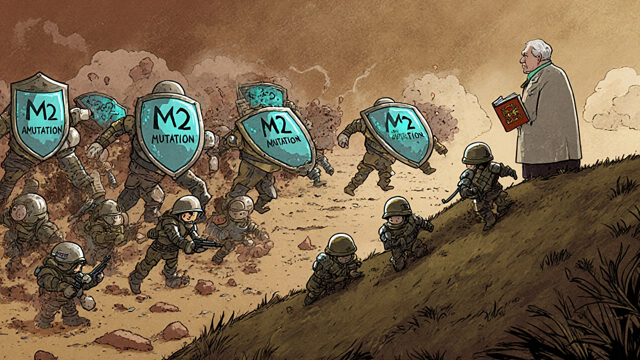 Tiny antiviral soldiers fighting mutated flu viruses, with new drug prototypes emerging in the background.