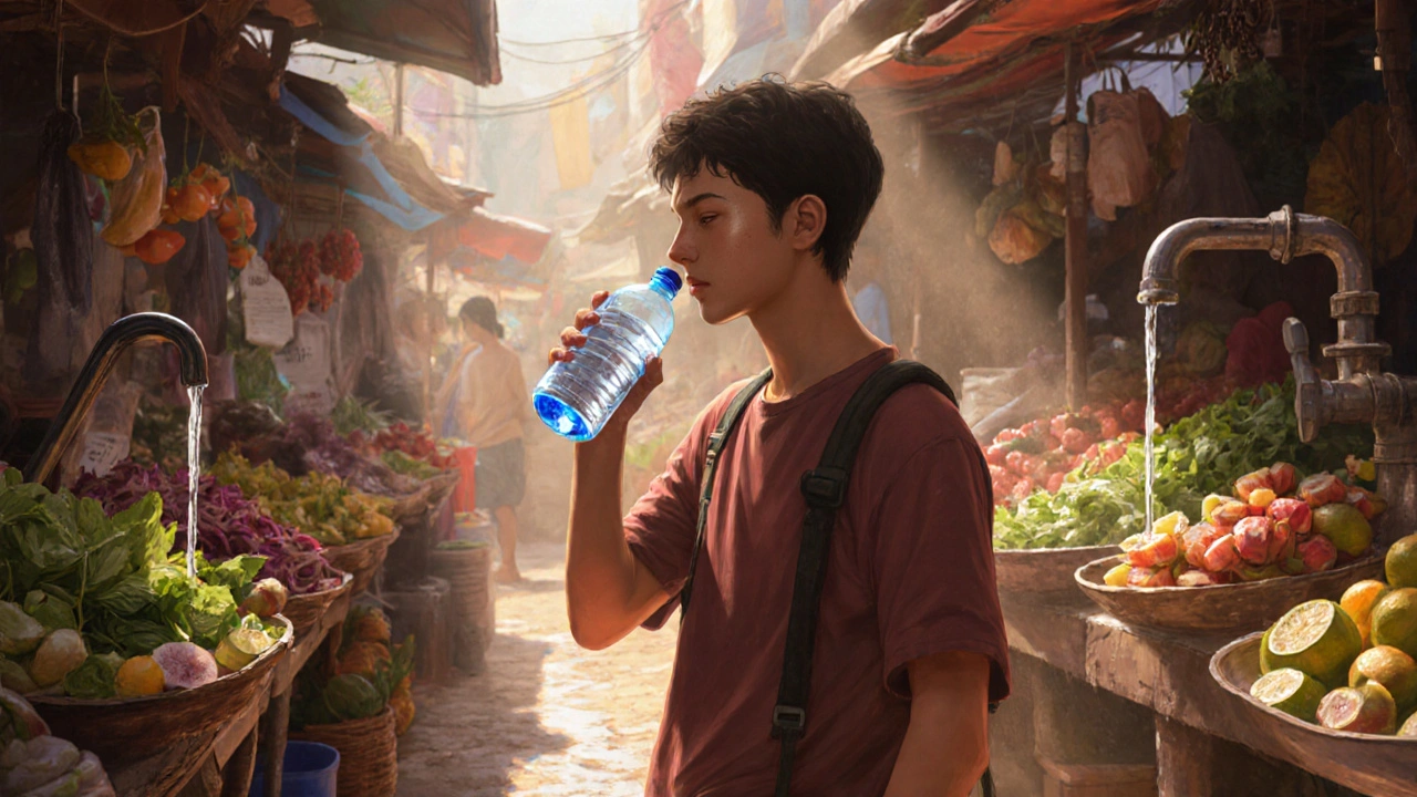 Traveler drinking bottled water while a market with fresh produce suggests contamination.