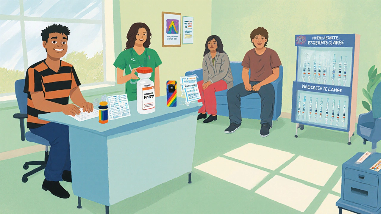 Welcoming clinic offering PrEP, condoms, and needle exchange to diverse people.