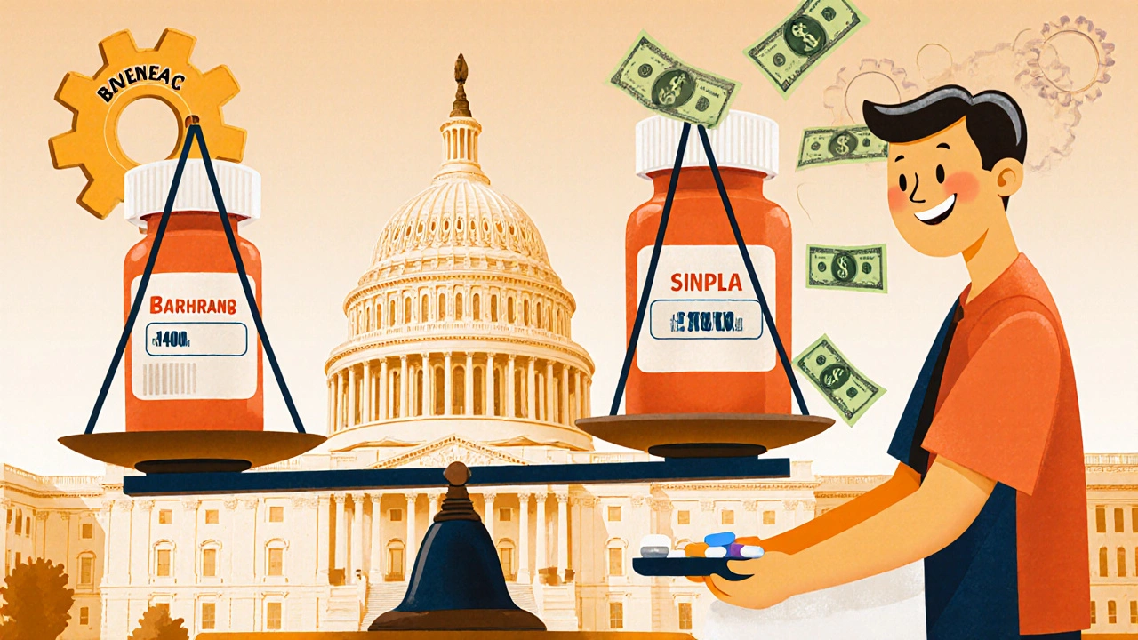 A balance scale with brand and generic pills, a patient receiving medicine, and dollar bills flying away as savings.