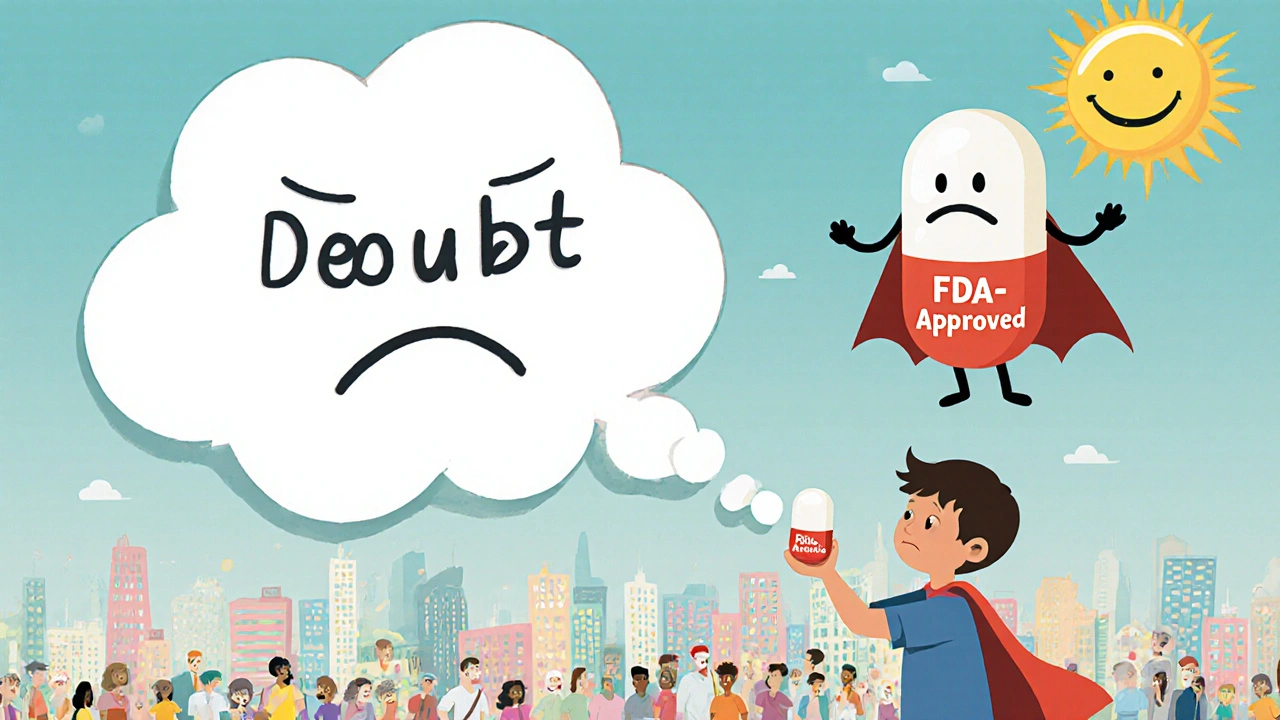 A child defeats the Doubt cloud with a superhero generic pill, as sunlight shines over a city.