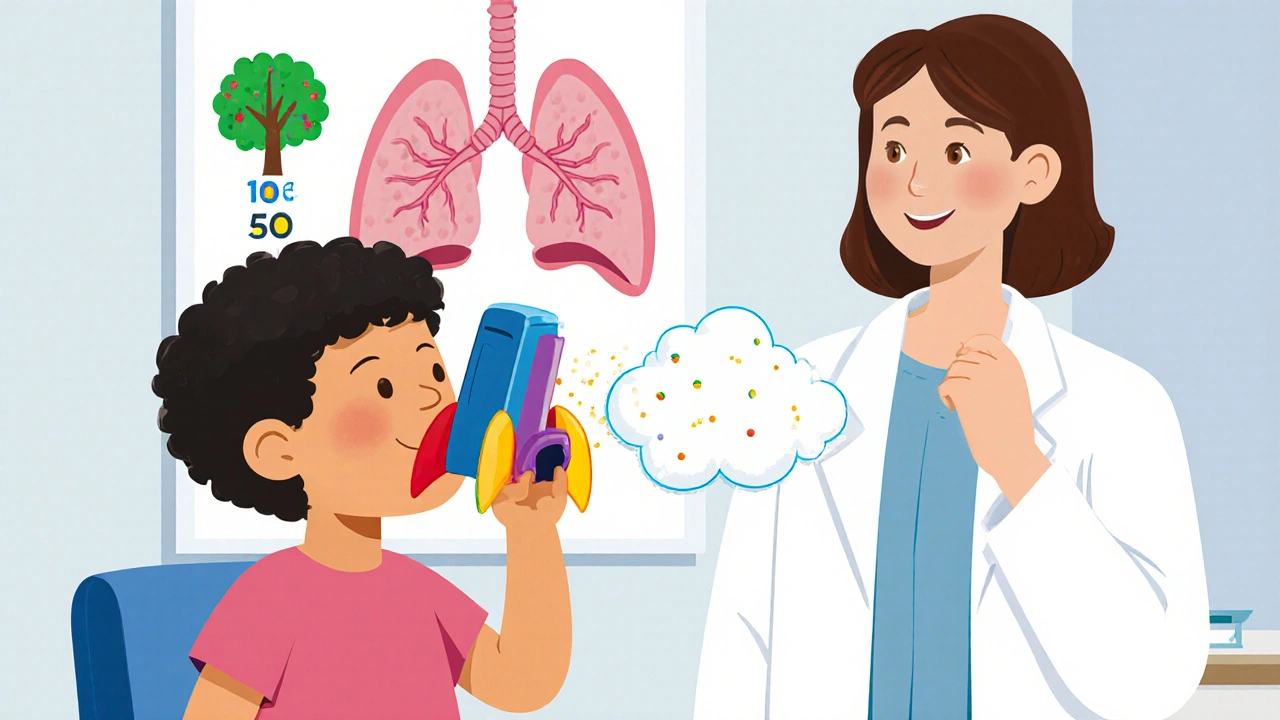 A child using an inhaler with a rocket-shaped spacer, guided by a nurse, as medicine flows into healthy lungs.