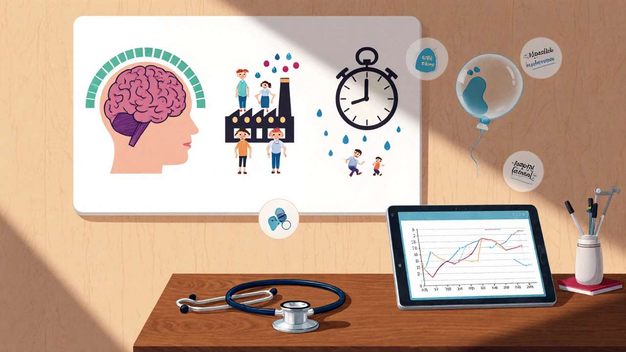 A doctor&#039;s office with illustrated biological mechanisms showing how drugs affect weight, surrounded by floating medication icons.