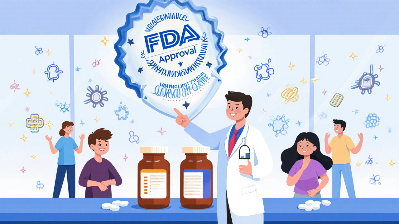 A doctor shows an FDA seal as patients take generics, with happy chemical particles floating around.