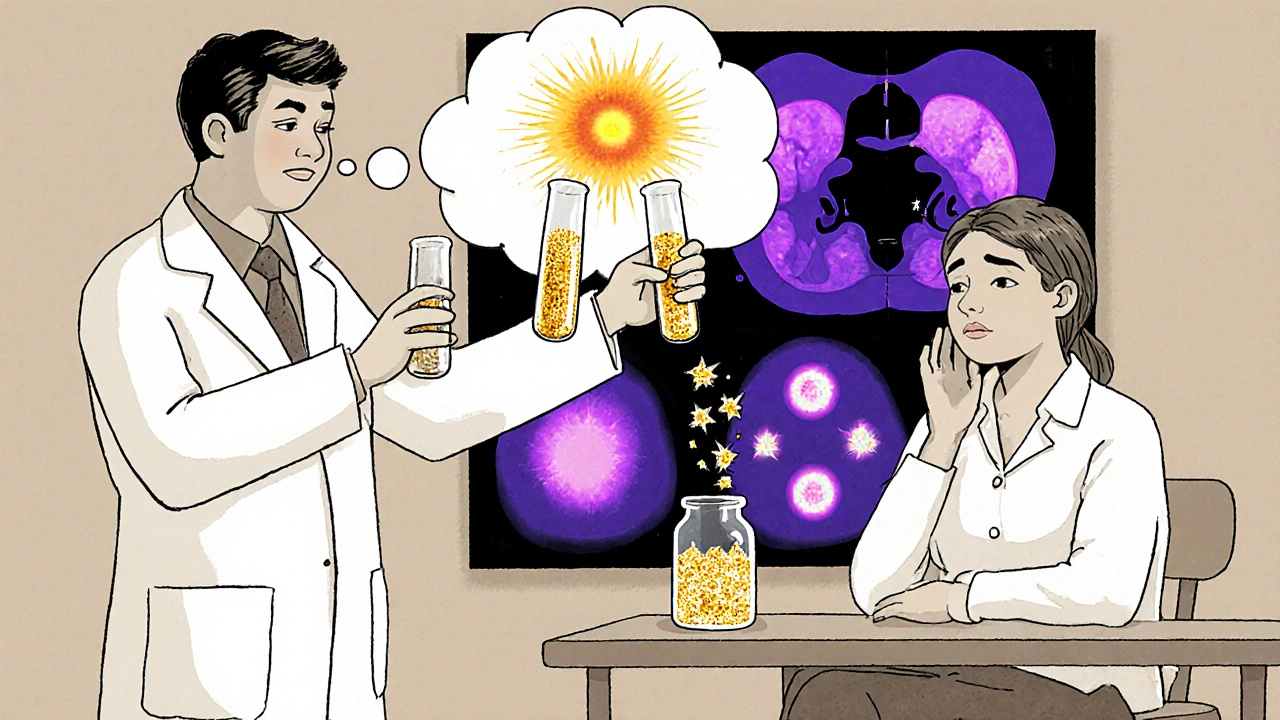 A doctor shows test results as a patient’s anxiety symbols break apart, revealing a hidden tumor on a scan.