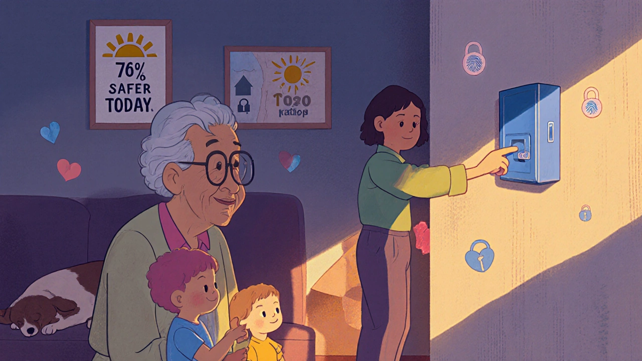 A family places medications into a thumbprint lockbox together, with a grandmother, child, and dog nearby.
