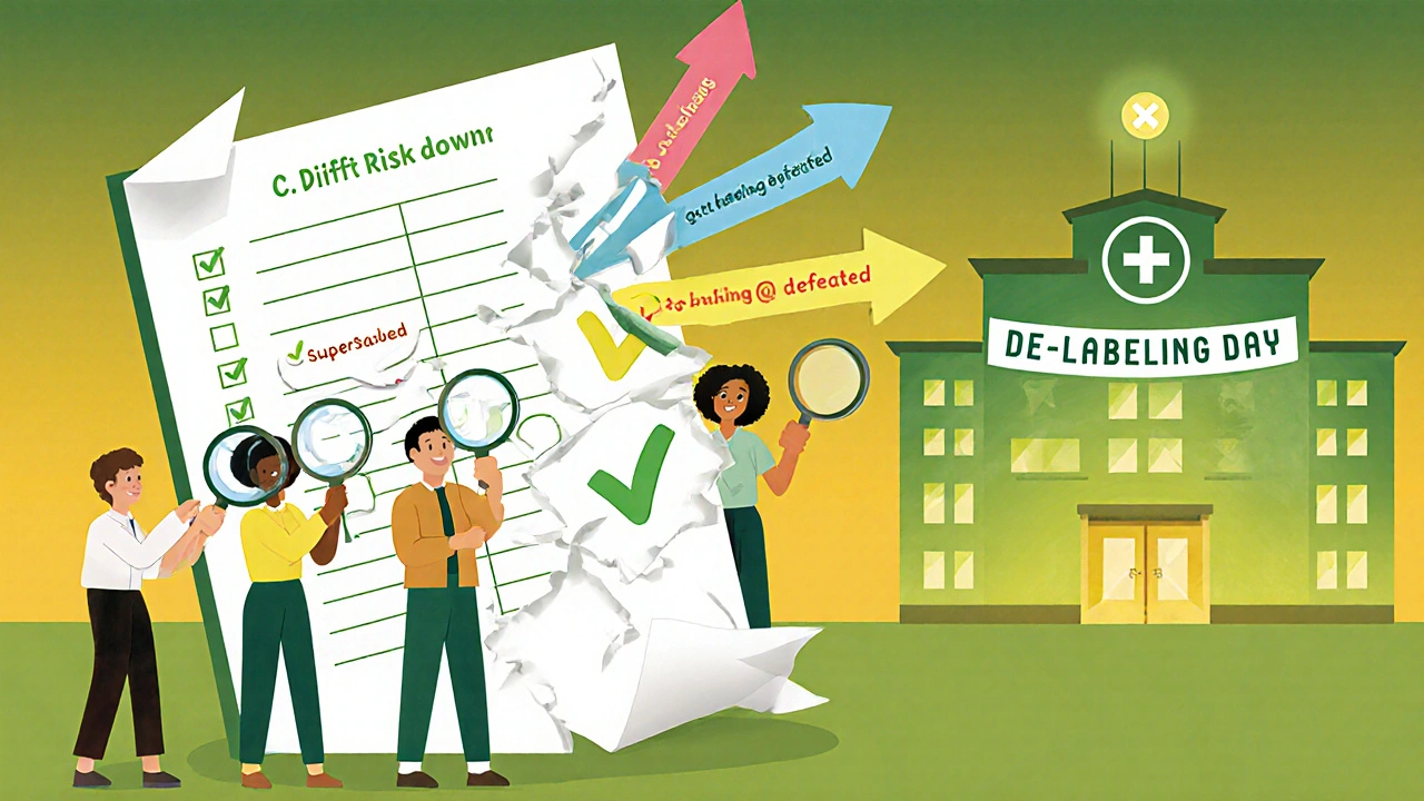 A large medical chart is being torn apart as positive symbols fly out, representing reduced risks and costs.