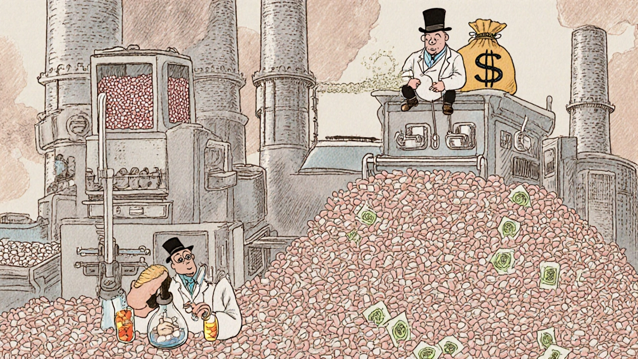 A massive generic drug factory produces pills like candy, while PBMs control prices from above in a whimsical illustration.